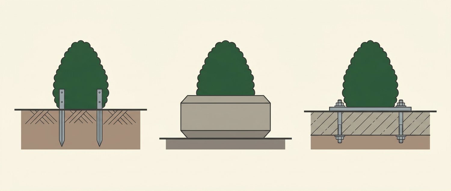 Three ways a piece is fixed down, decided with the site rather than after it.