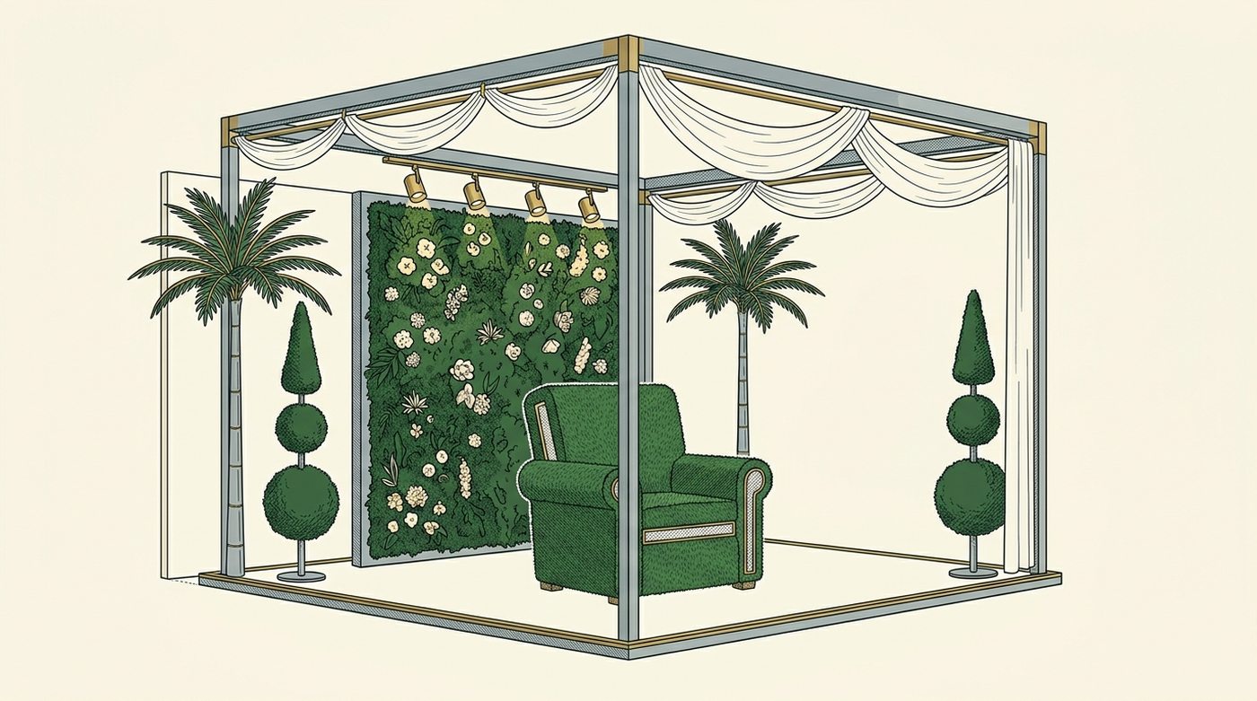 Preserved green wall and lighting, a turf-covered feature chair, palms, drapery, and sculpted junipers for height.
