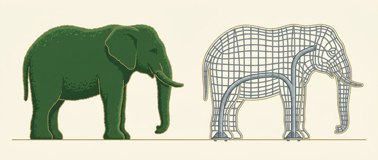 A life-size animal and what is carrying it: a welded armature with steel tubing through the legs, bolted to anchor plates.