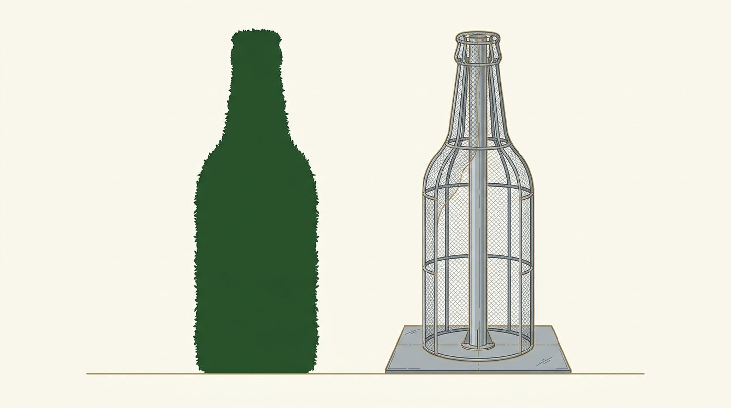A brand shape and what stands it up: a rod skeleton, a mesh skin and a weighted base plate, so it holds a hall floor without being fixed down.