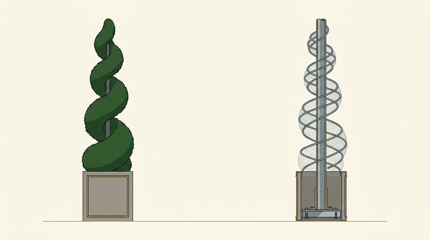 An entrance spiral and what is inside it: a steel tube up the full height, a helical armature around it, seated into the planter base.