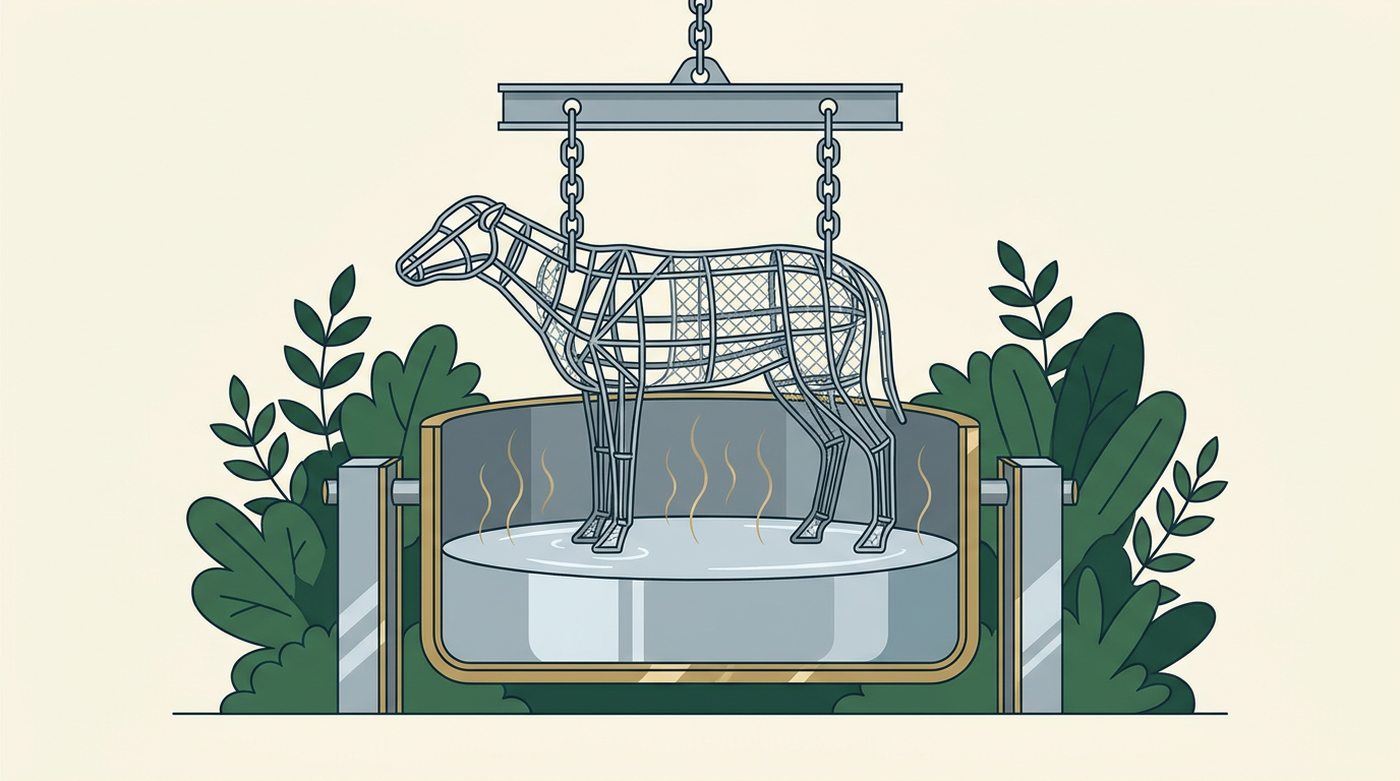 Hot-dip galvanising: the finished frame goes into a kettle of molten zinc, which is why the steel outlasts the foliage.