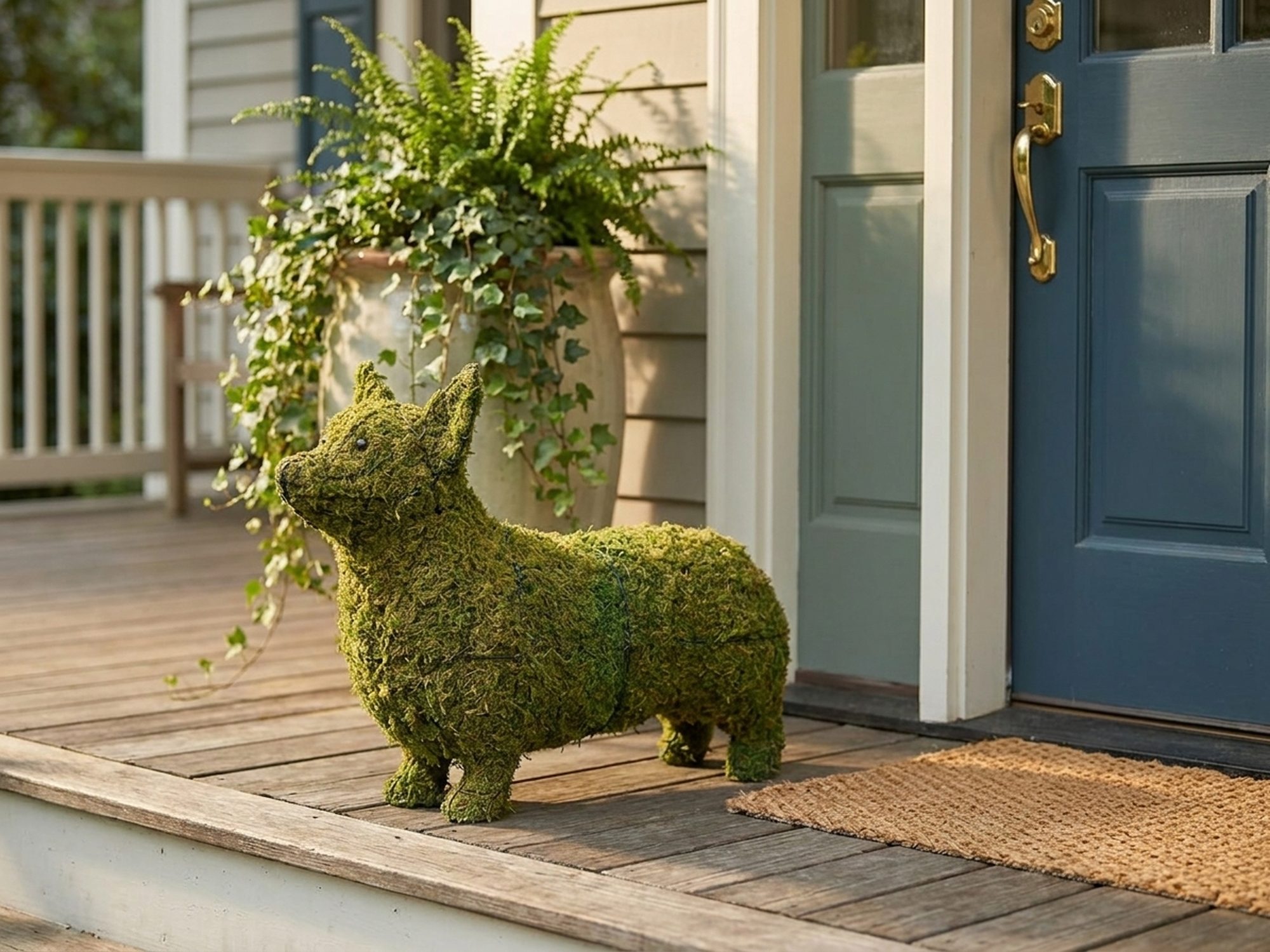 A mossed corgi topiary standing on a front porch beside a painted door