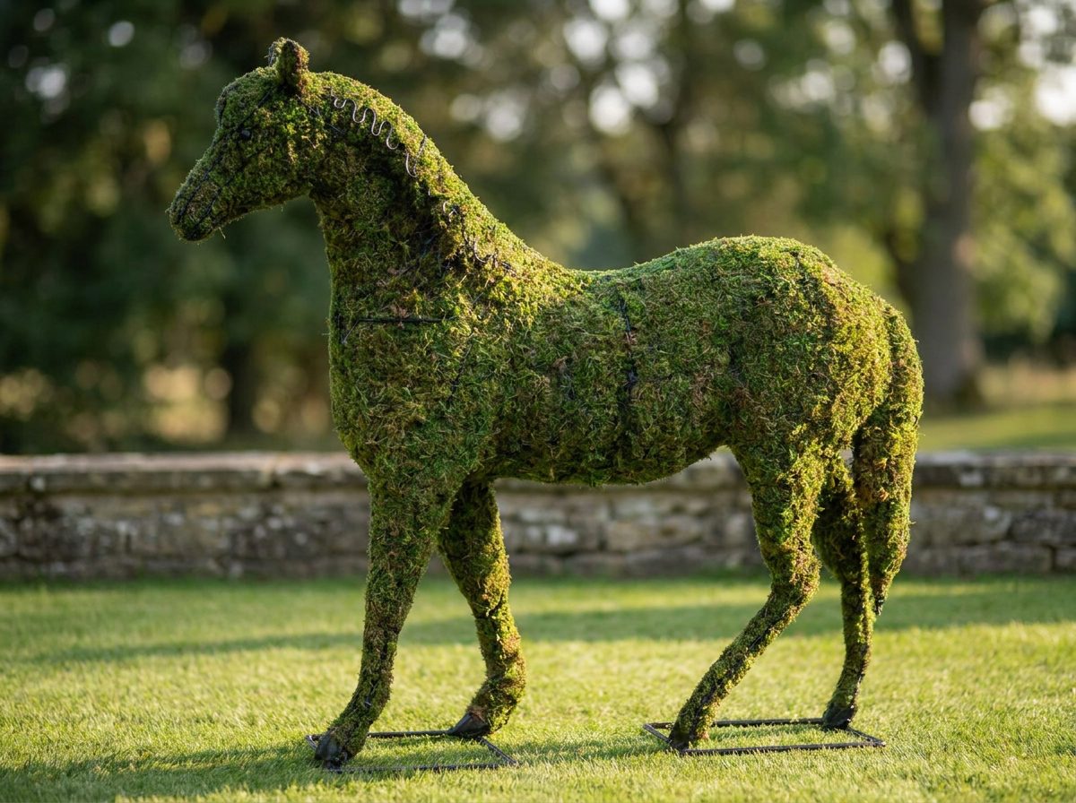 Horse, mossed topiary in a garden setting