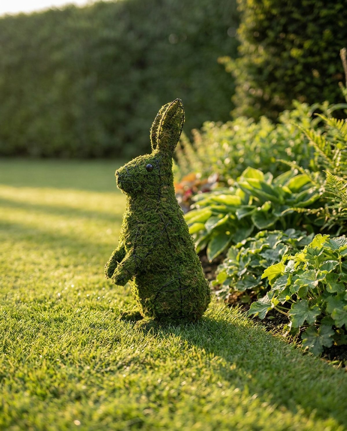 Rabbit, sitting upright topiary in a garden setting
