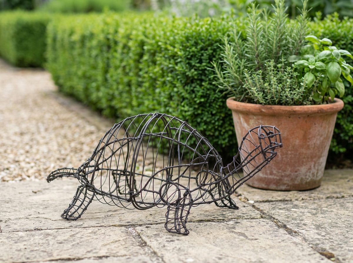 Turtle, wire frame topiary in a garden setting
