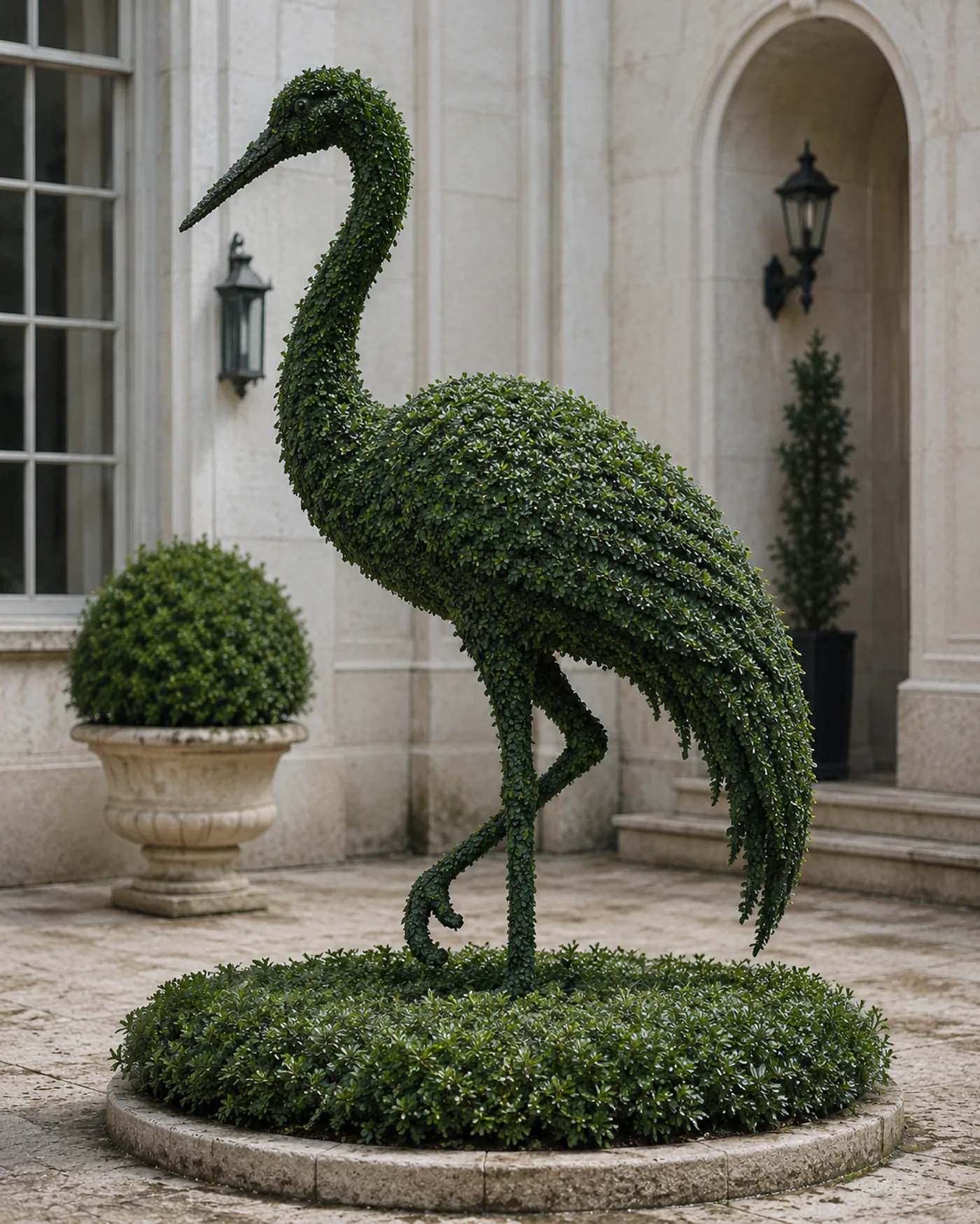Custom topiary crane sculpture in a courtyard by TopiaryTree