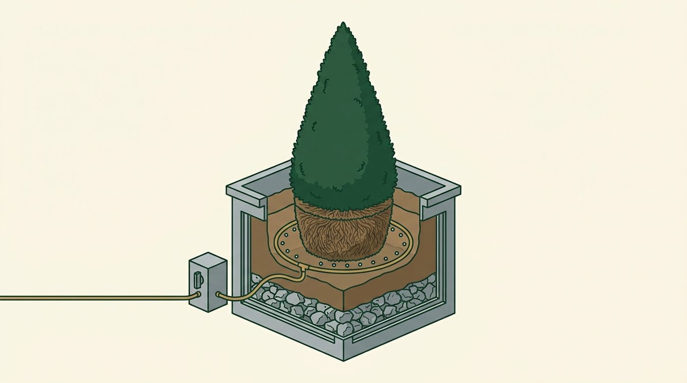 Drainage, soil, root ball and a drip line on an automatic valve. A live piece nobody has to remember to water.