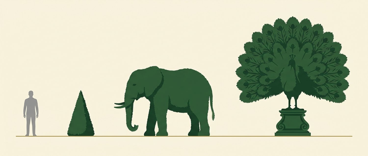 Scale drawing: a person, an entrance-sized cone, a life-size animal, and a landmark piece several times human height.