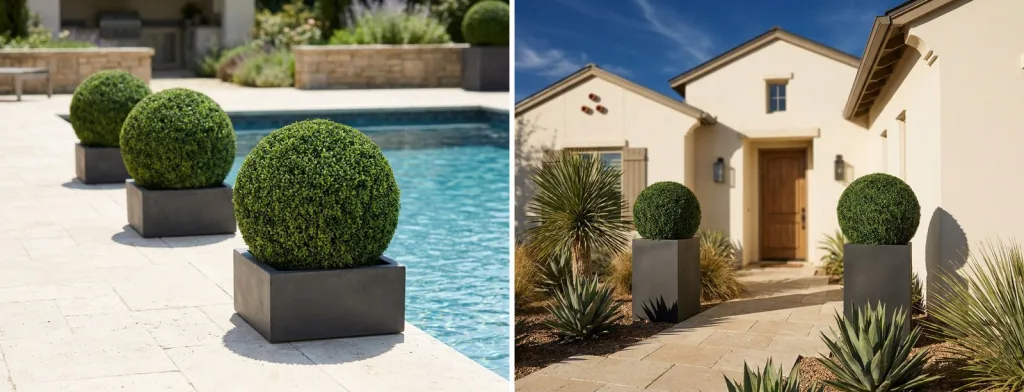 Three artificial boxwood balls in square charcoal planters along a sunny travertine pool deck, and a pair in tall charcoal planters by the door of a cream stucco house in strong Texas sun.