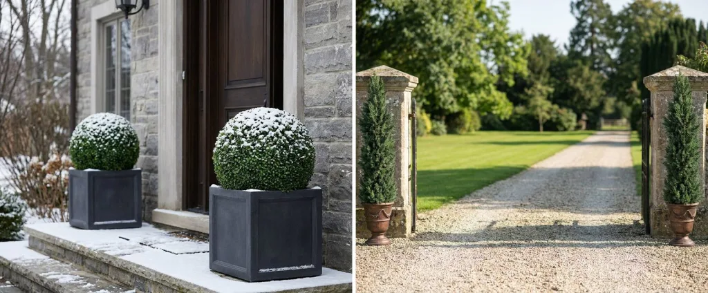 Two artificial boxwood balls in charcoal planters with a dusting of fresh snow either side of a stone house door, and two tall artificial cypress trees in bronze urns at stone gate piers on a gravel drive.