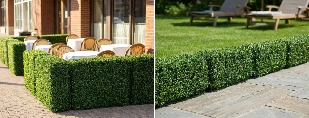 Low artificial boxwood hedge sections around a sidewalk bistro dining area, and a low artificial boxwood hedge edging a bluestone patio beside a lawn.