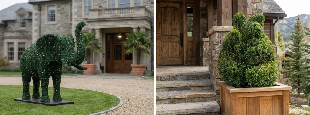 A boxwood-covered elephant topiary on a base in front of a stone hotel entrance, and a boxwood bear topiary in a wooden planter by a lodge doorway.
