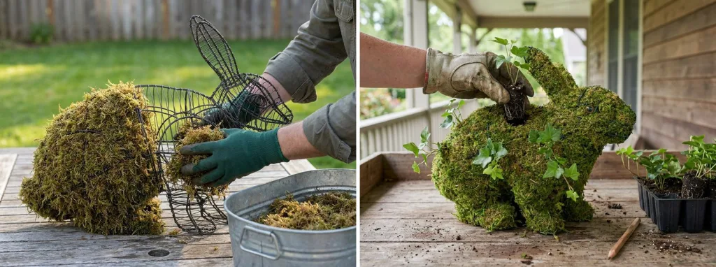 Gloved hands packing damp moss into a wire rabbit frame on a patio table, and a gloved hand pushing an ivy plug into a mossed rabbit on a porch table.