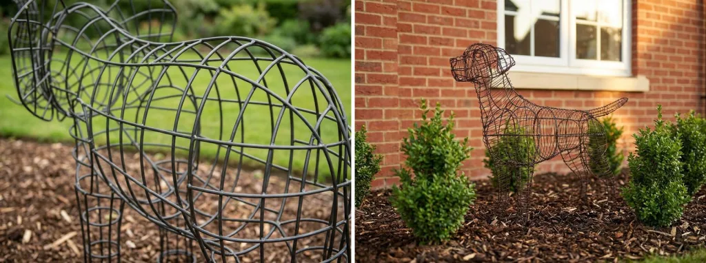 A close-up of a bare steel rod topiary frame in a garden bed showing welded joints, and a bare wire Labrador frame among young boxwood by a brick house.