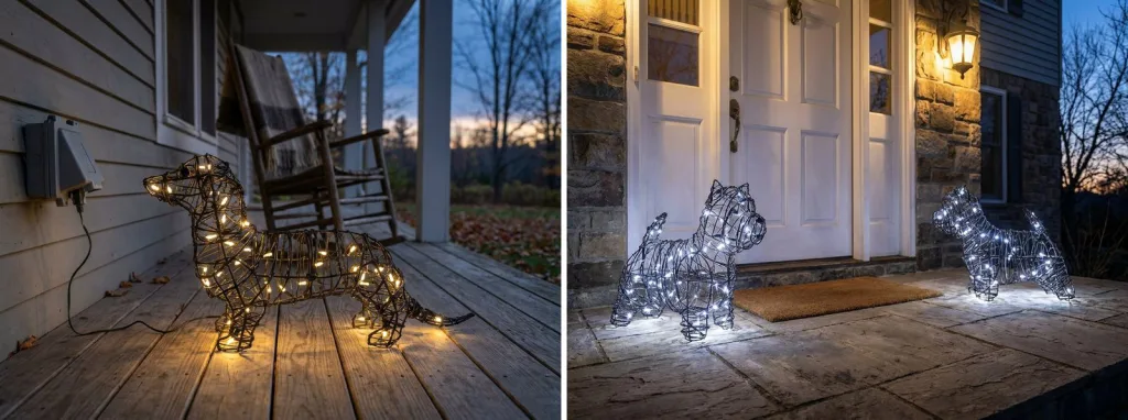 A wire dachshund wound with warm mini lights on a wooden porch at dusk, and a pair of wire Westie terriers wound with white lights by a front door at dusk.
