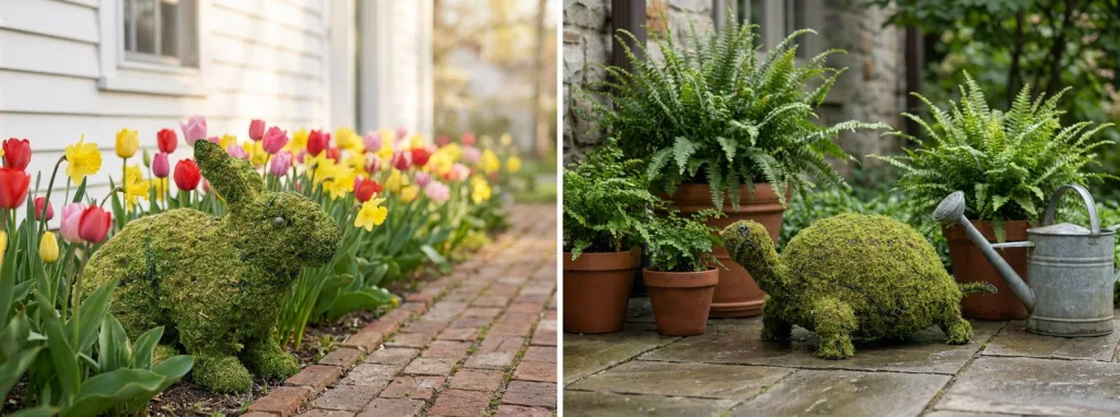 A mossed bunny topiary in a bed of spring tulips beside a brick path, and a mossed turtle topiary on a stone patio among potted ferns and a watering can.