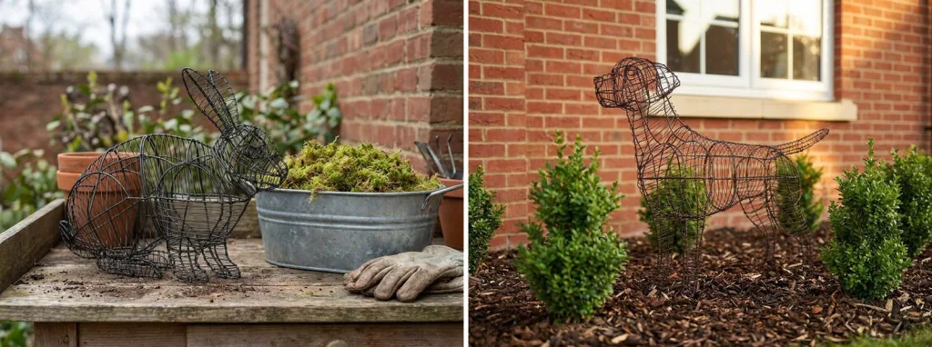 Two bare black wire animal frames: a rabbit frame on a garden potting bench beside a tub of moss, and a Labrador frame set into a mulched bed between small shrubs.