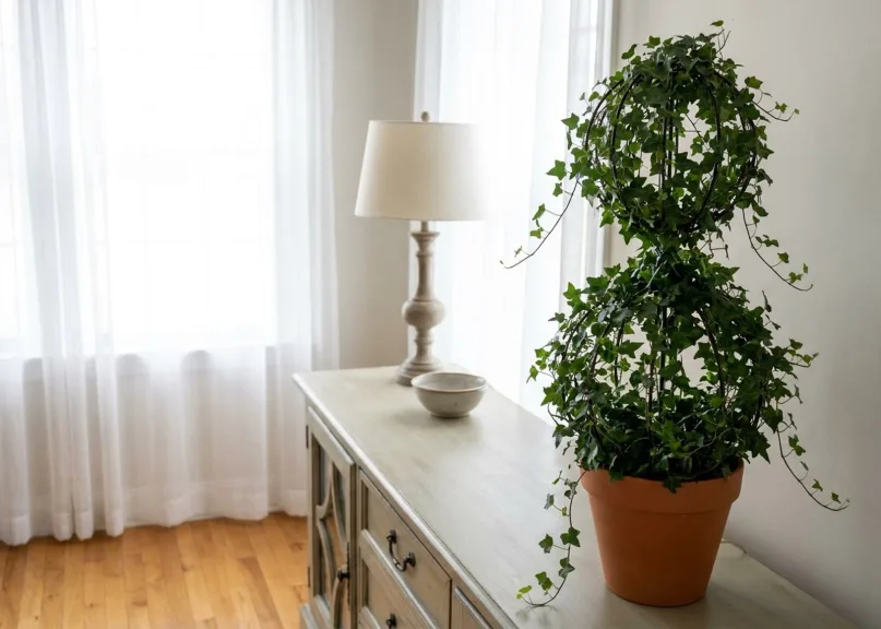 A live English ivy topiary on a wire double-ball frame in a terracotta pot on a painted console table in a bright entry hall, a few feet from a window with sheer curtains.