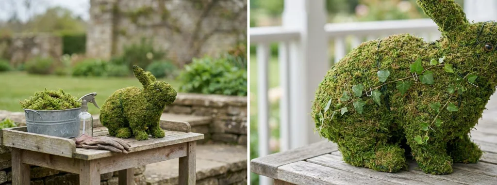 A moss-packed rabbit topiary on a garden potting bench beside a tub of sphagnum moss, and a close view of the same mossed rabbit with young ivy shoots pinned across its moss.