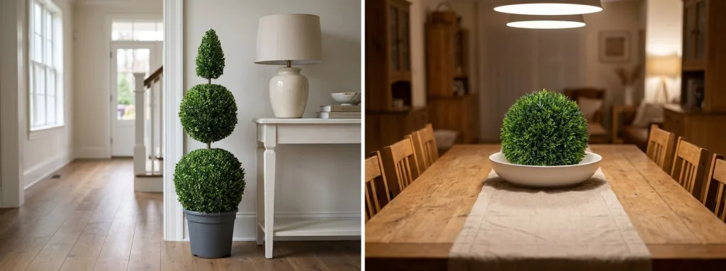A preserved boxwood double-ball topiary in a gray pot in a bright hallway, and an artificial boxwood ball in a white bowl on a long dining table.