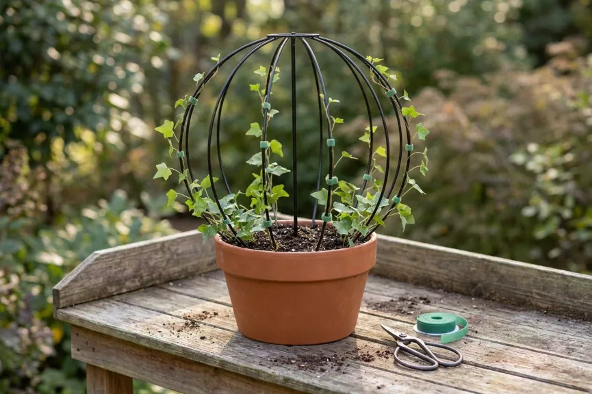 A bare black wire ball frame in a terracotta pot on a potting bench, with young ivy plants around the rim and their shoots fastened to the wires with soft green ties, pruning snips and a roll of tie beside it.