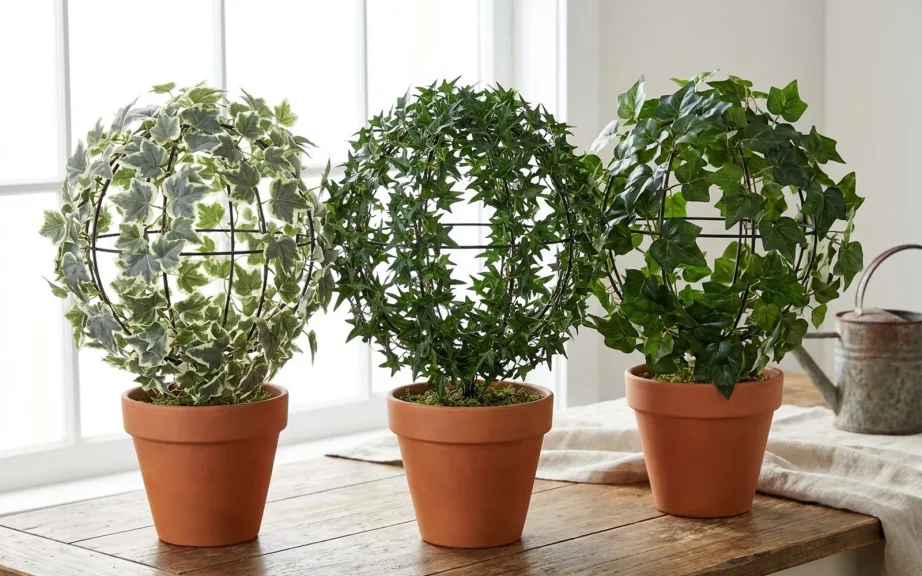 Three small ivy topiaries on wire ball frames in terracotta pots on a kitchen table by a bright window: variegated gray-green and cream ivy, tiny pointed needlepoint ivy and plain glossy green English ivy.