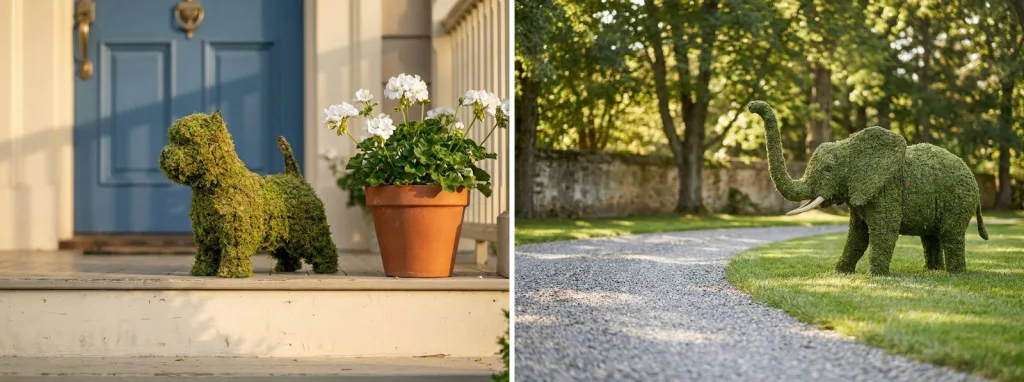 A mossed dog topiary on a front porch step beside a potted geranium, and a mossed elephant topiary on a lawn beside a curving gravel drive.