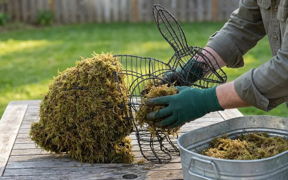 Gloved hands pressing damp sphagnum moss into a half-packed wire rabbit frame on a patio table, with a galvanized tub of moss beside it.