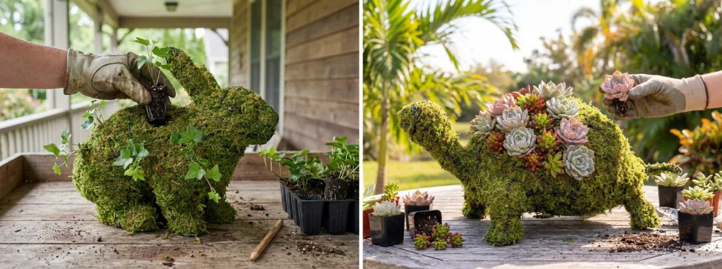 A gloved hand pushing a small ivy plug into the back of a mossed rabbit on a porch table, and a mossed turtle being planted with small succulent rosettes on a patio table.