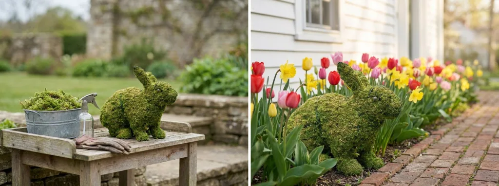 A mossed rabbit on a garden table beside a tub of fresh moss, gloves and a spray bottle, and a mossed bunny in a bed of spring tulips.