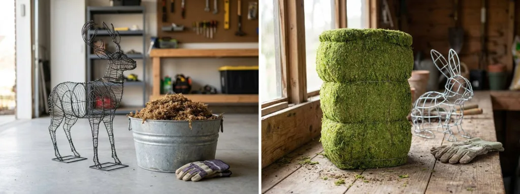 A bare wire deer frame in a garage beside a galvanized tub of loose sphagnum moss and a pair of gloves, and a stack of green sphagnum moss beside a bare wire rabbit frame on a potting bench.