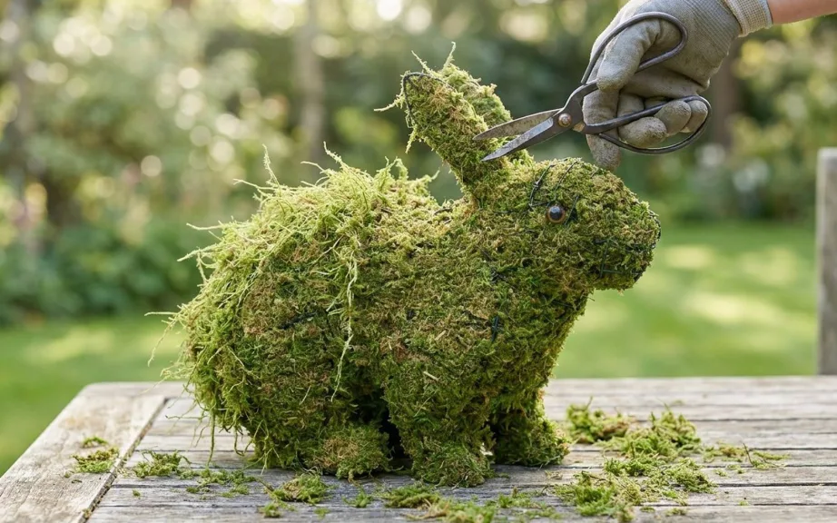 A gloved hand trimming stray moss fibers from the back of a freshly packed moss rabbit with scissors on a garden table.