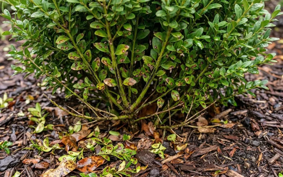 The base of a boxwood shrub with small leaves covered in round brown spots with dark edges, bare lower twigs and spotted fallen leaves on the mulch below.