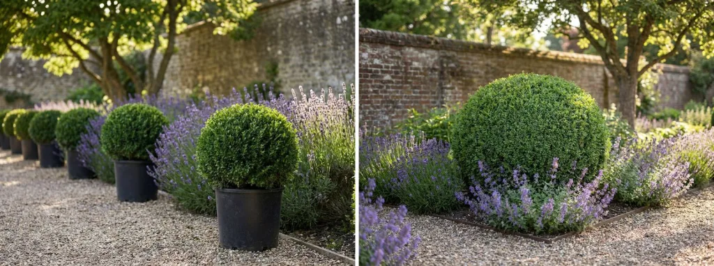 Clipped live boxwood balls in black pots along a gravel path with lavender, and a large boxwood ball in a garden bed with lavender in front of an old brick wall.