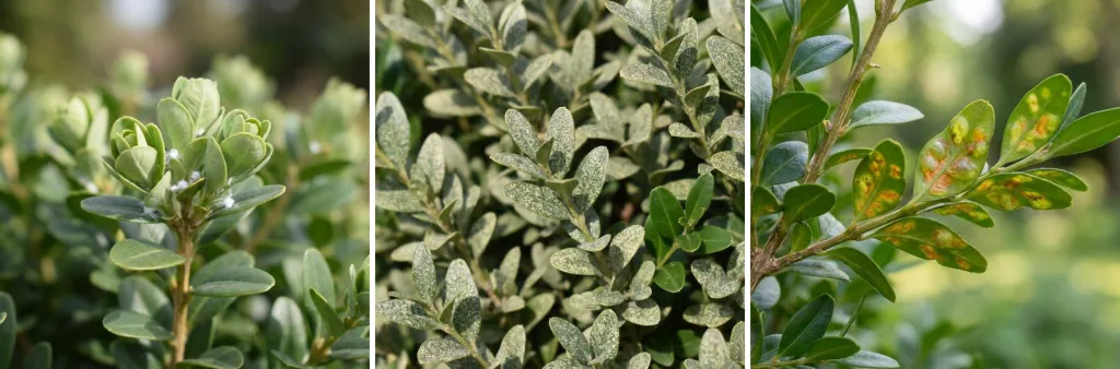 Close-ups of boxwood leaves: new tip leaves cupped inward with white waxy fluff, leaves covered in fine pale speckles, and leaves with yellow and orange-brown blister blotches.