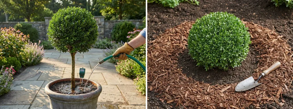 A gloved hand watering a boxwood standard slowly at the base of its pot with a moisture meter in the soil, and a boxwood ball in a garden bed with a flat one-inch ring of bark mulch kept clear of the stems.