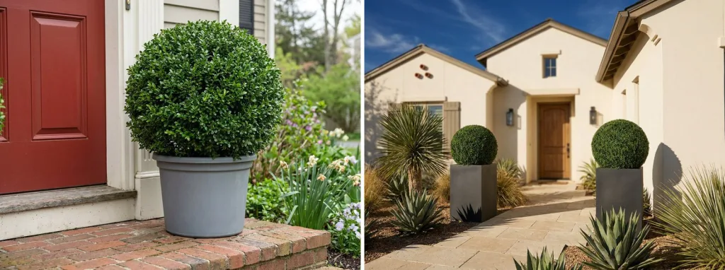A clipped Japanese holly ball in a gray planter on a brick step by a red door, and a pair of UV-rated artificial boxwood balls in tall charcoal planters by a cream stucco house in strong sun.