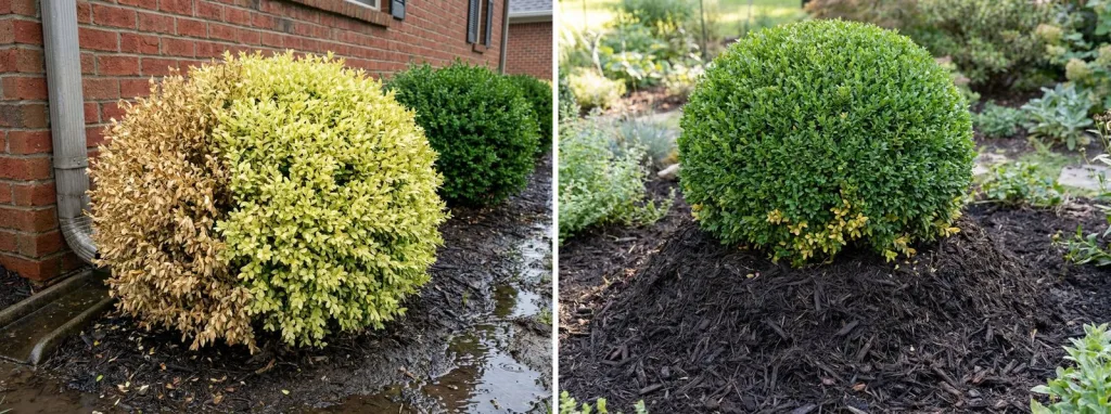 A boxwood in a soggy front bed beside a downspout with most of its leaves pale yellow-green and one side straw-brown, next to a healthy green boxwood, and a boxwood ball with bark mulch heaped against its stems.