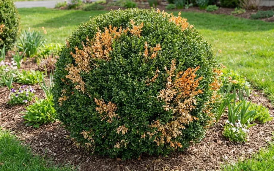 A clipped boxwood ball in a spring garden bed with scattered patches of dead orange-tan branches among healthy green foliage.