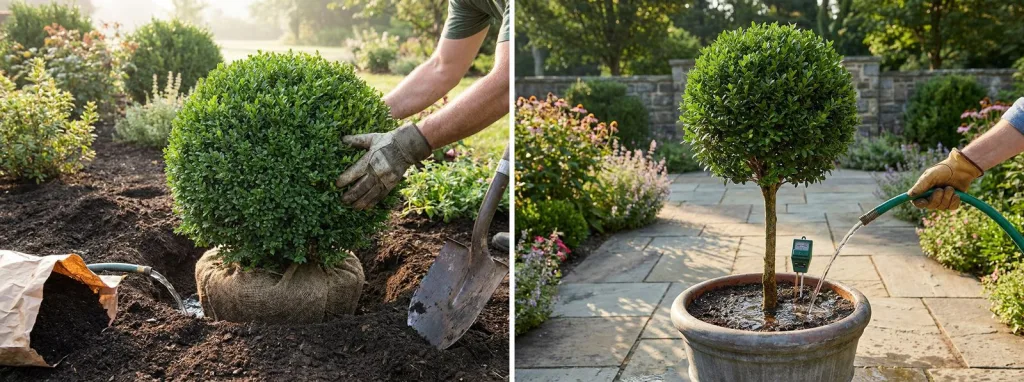 A live boxwood ball with a burlap root ball being set into a planting hole beside a bag of compost, and a boxwood ball on a stem in a large pot being watered slowly at the base with a hose.