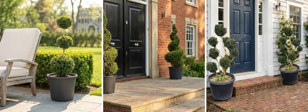 Three live boxwood topiary shapes: a tiered ball standard in a black pot on a patio, a pair of boxwood spirals by a black front door, and a pair of pom pom topiaries by a navy door.