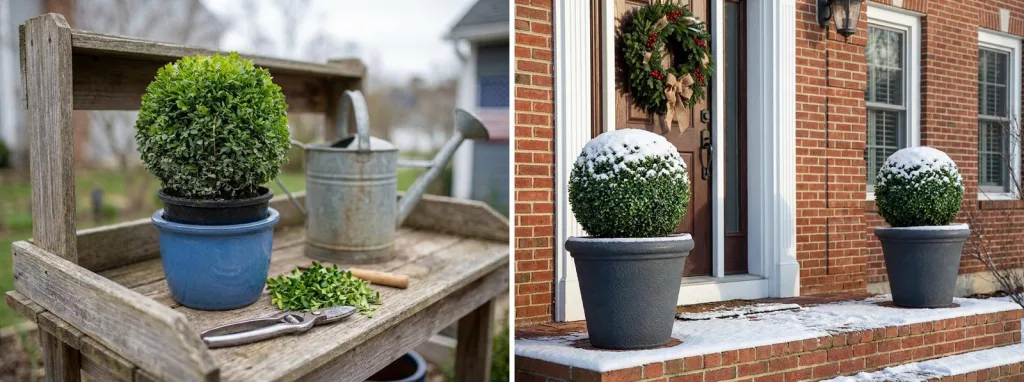 A small boxwood ball in a blue pot on a garden potting bench beside clippings, shears and a watering can, and a pair of boxwood balls in gray planters by a red brick front door after light snow.