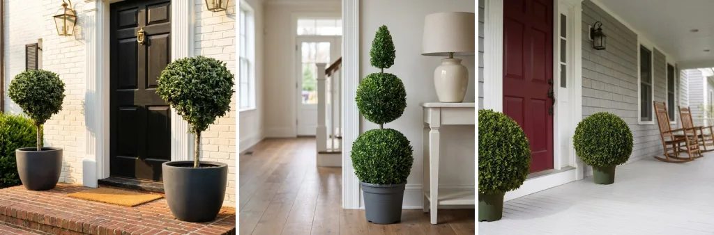 Three boxwood topiaries: live boxwood standards in black pots by a front door, a preserved boxwood double ball in a bright hallway, and artificial boxwood balls on a covered porch.