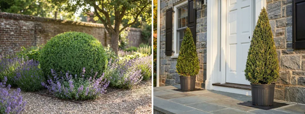 A large clipped boxwood ball in a gravel garden bed edged with lavender, and a pair of boxwood cones in black pots either side of a white front door on a stone house.