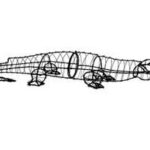 Black wire-frame topiary in the outline of an alligator, low body and long tail, unfilled.
