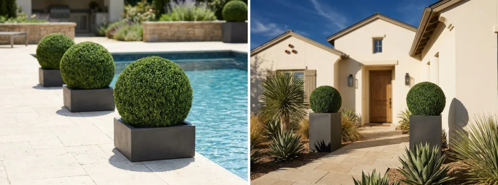 Three UV-rated artificial boxwood balls in charcoal planters beside a pool in full sun, and a pair in tall planters at the door of a stucco house in strong sun.