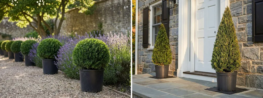 A row of live boxwood balls in black pots along a gravel path lined with lavender, and a pair of live cone topiaries either side of a white door in a stone house.