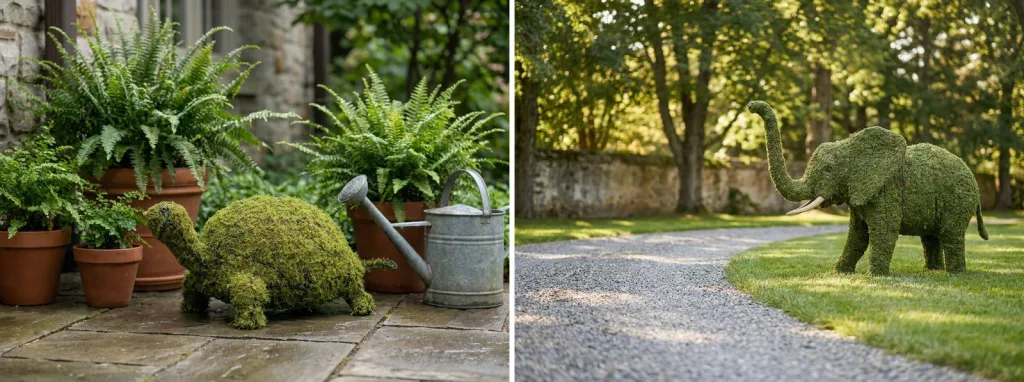 A mossed turtle topiary on a shaded stone patio among potted ferns and a watering can, and a mossed elephant on a lawn beside a gravel drive under trees.