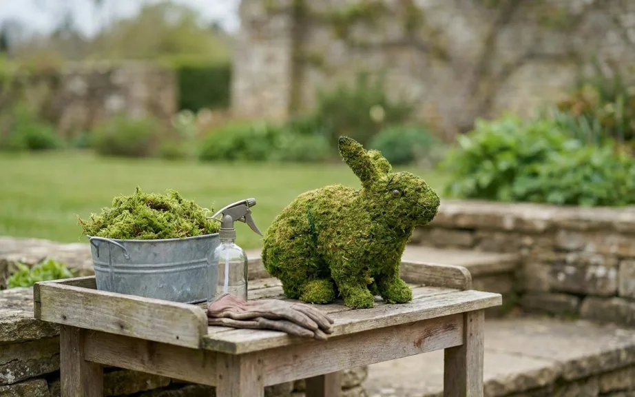 A mossed bunny topiary on a weathered potting bench beside a galvanized tub of fresh sphagnum moss, a spray bottle and garden gloves.